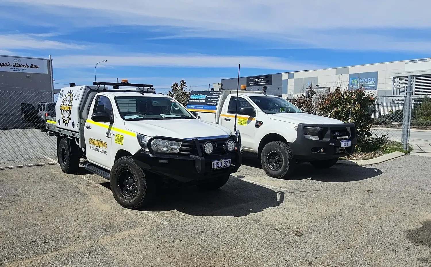 Two Shanno&rsquo;s service utes, set up as mobile workshops, parked at the yard